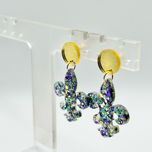 Mardi Gras Colorful Glitter Fleur-de-Lis and Mask Earrings Set of 2 - Picture 4 of 6